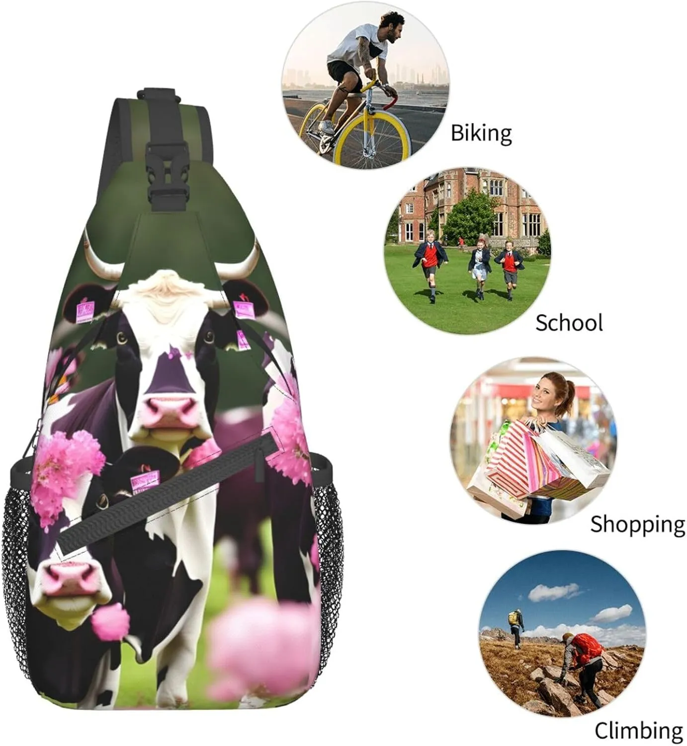Sling Backpack,Men Cross Chest Bag Diagonally,Durable Adjustable Outdoor Cycling Travel Bag,Pink Flower Show Steer Cows Cattle Print