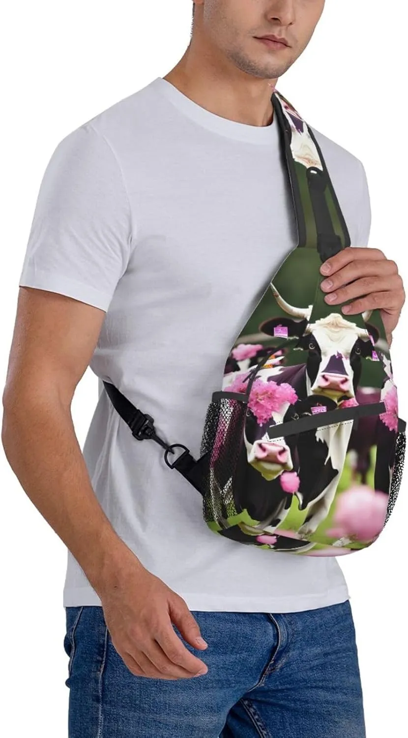 Sling Backpack,Men Cross Chest Bag Diagonally,Durable Adjustable Outdoor Cycling Travel Bag,Pink Flower Show Steer Cows Cattle Print