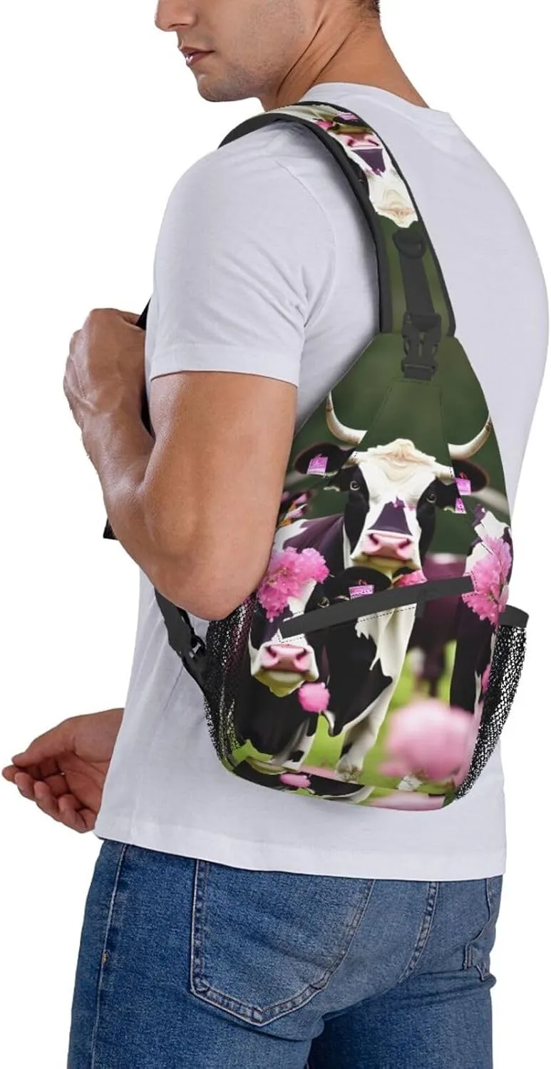 Sling Backpack,Men Cross Chest Bag Diagonally,Durable Adjustable Outdoor Cycling Travel Bag,Pink Flower Show Steer Cows Cattle Print