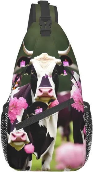 Sling Backpack,Men Cross Chest Bag Diagonally,Durable Adjustable Outdoor Cycling Travel Bag,Pink Flower Show Steer Cows Cattle Print