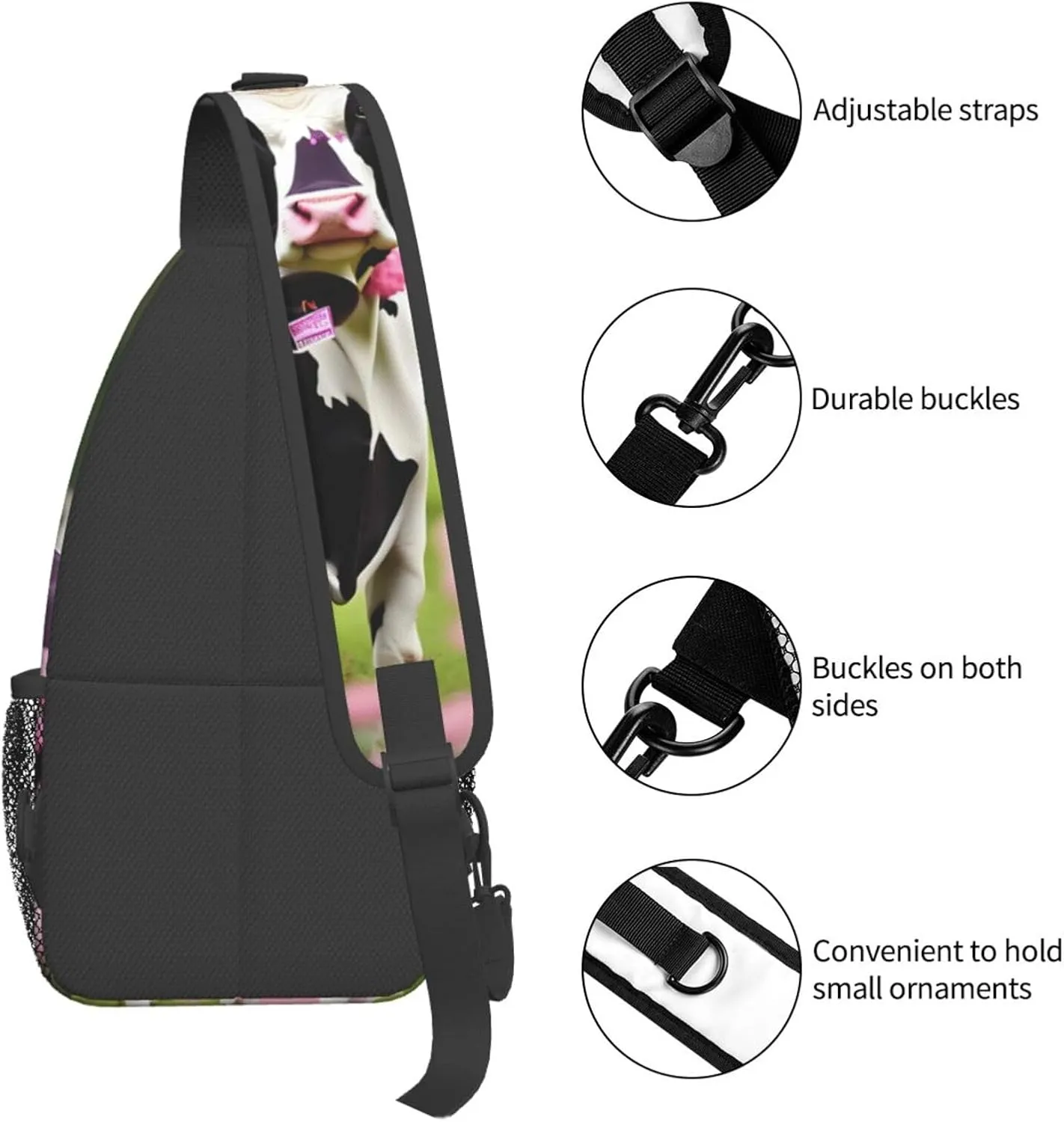 Sling Backpack,Men Cross Chest Bag Diagonally,Durable Adjustable Outdoor Cycling Travel Bag,Pink Flower Show Steer Cows Cattle Print