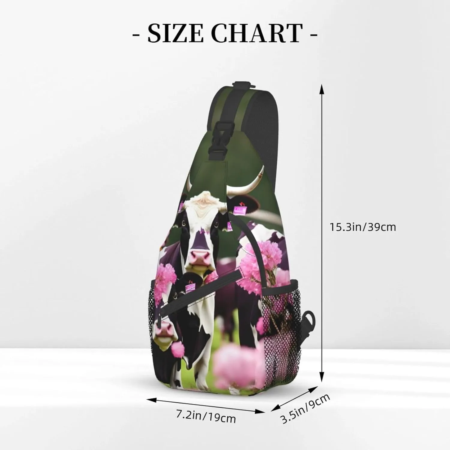 Sling Backpack,Men Cross Chest Bag Diagonally,Durable Adjustable Outdoor Cycling Travel Bag,Pink Flower Show Steer Cows Cattle Print