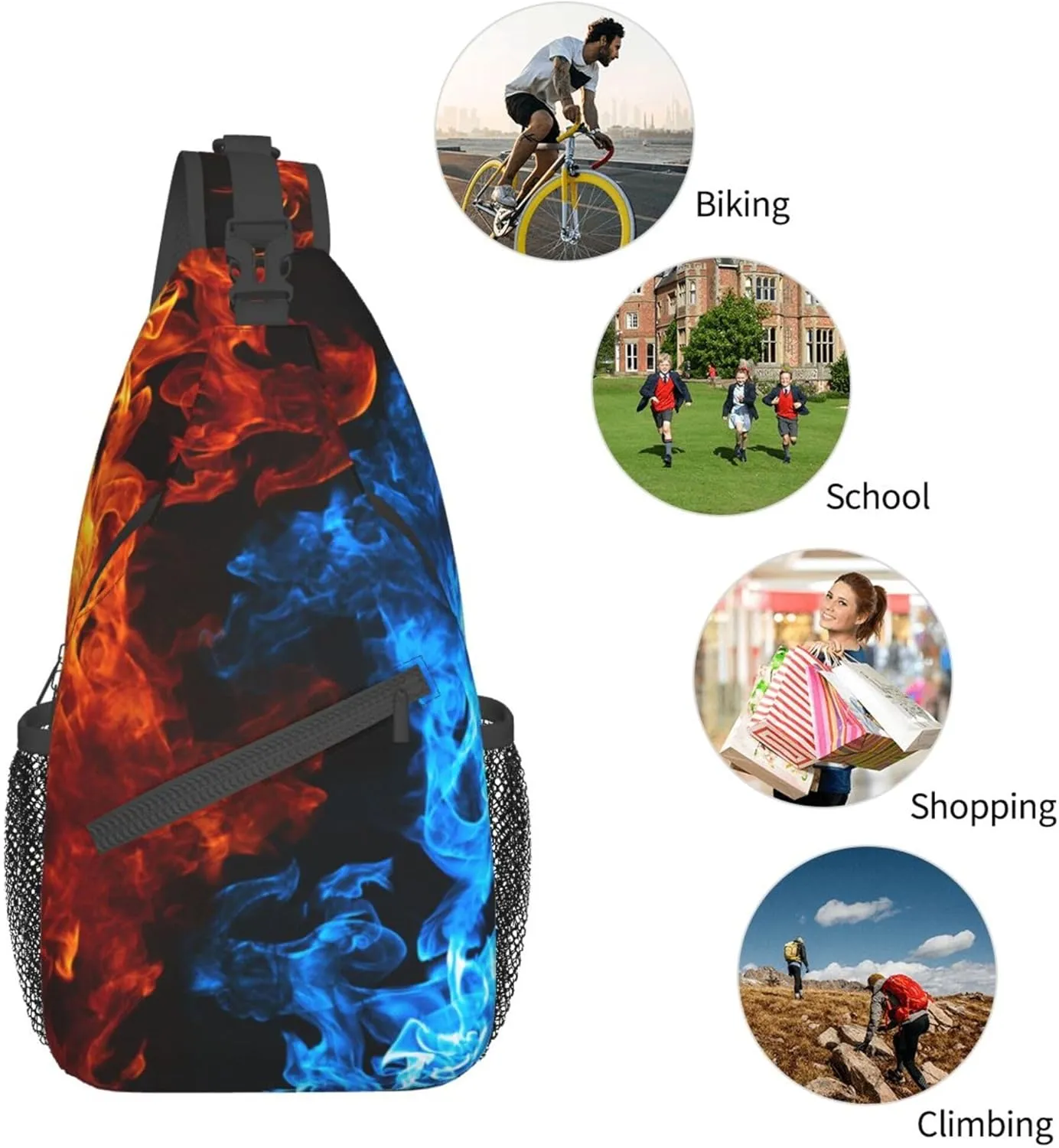 Sling Bag Casual Shoulder Backpack Lightweight Red blue fire balck Chest Package With Adjustable Strap Multipurpose Sling Bag