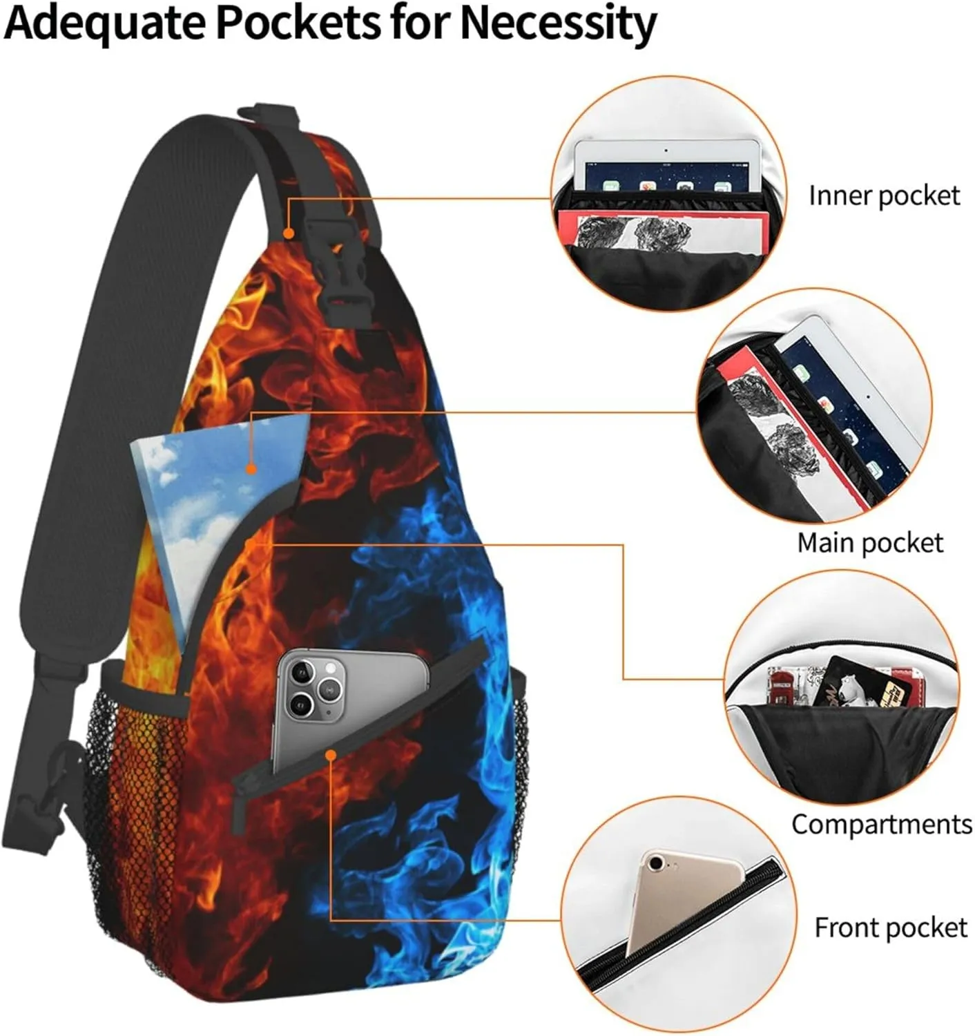 Sling Bag Casual Shoulder Backpack Lightweight Red blue fire balck Chest Package With Adjustable Strap Multipurpose Sling Bag