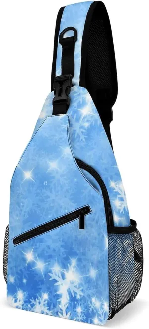 Sling Bag Chest Crossbody Backpack Winter Snow Flakes Travel Hiking Daypack for Women Men with Strap Purse Lightweight Chest Bags