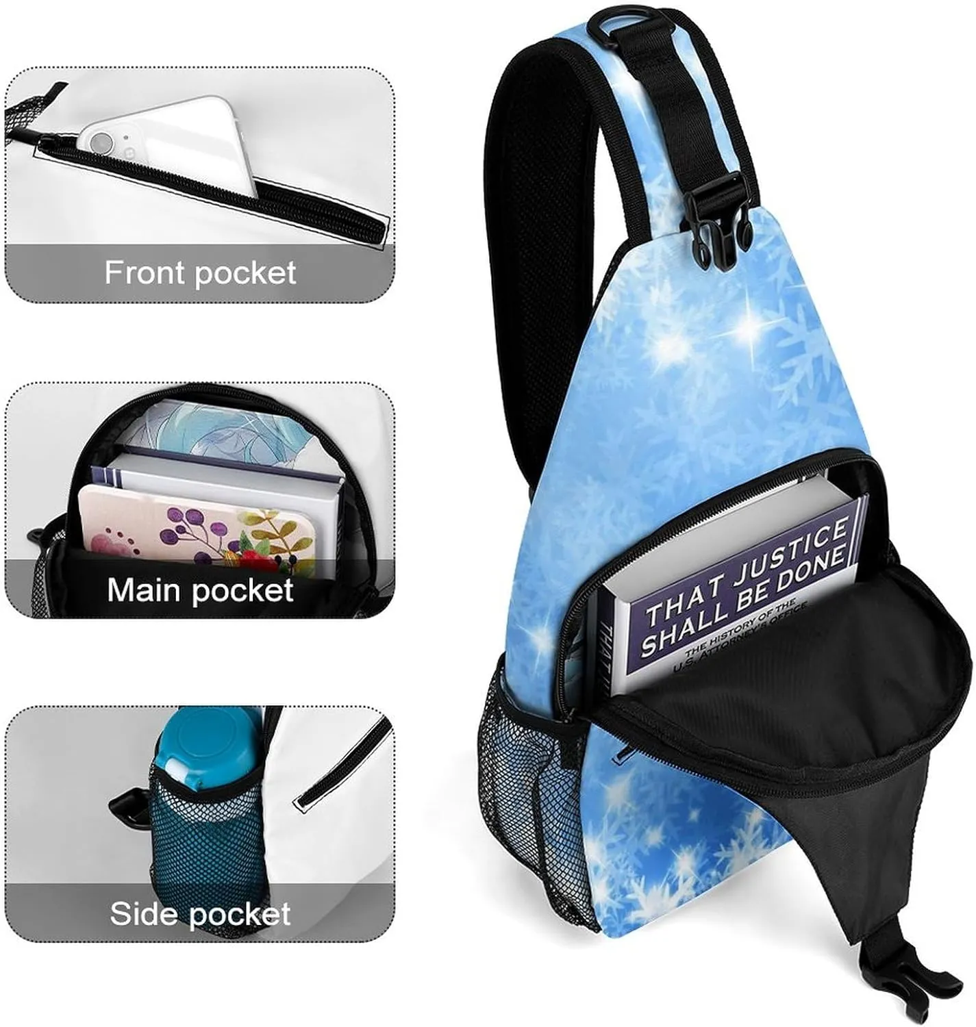 Sling Bag Chest Crossbody Backpack Winter Snow Flakes Travel Hiking Daypack for Women Men with Strap Purse Lightweight Chest Bags