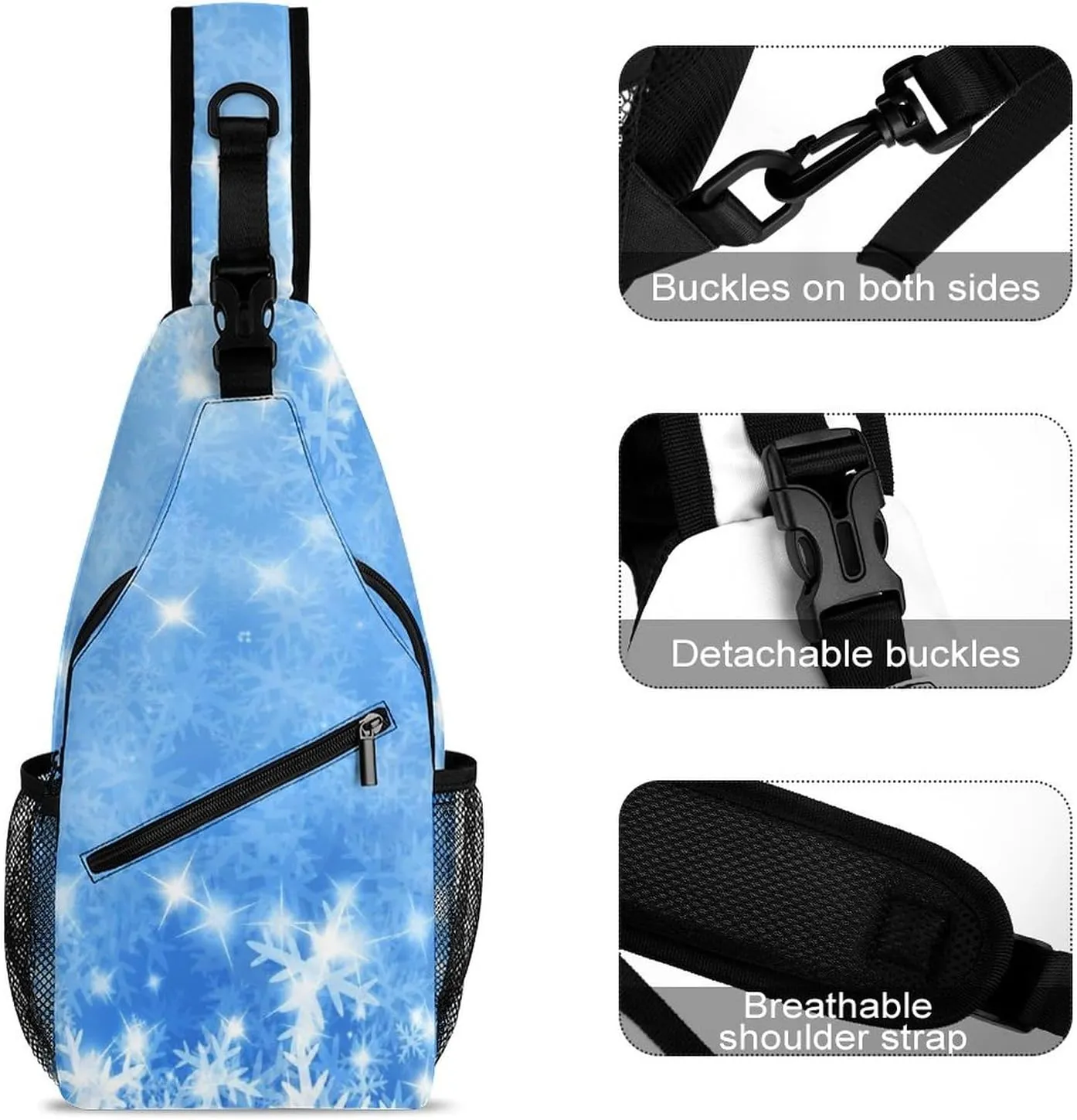 Sling Bag Chest Crossbody Backpack Winter Snow Flakes Travel Hiking Daypack for Women Men with Strap Purse Lightweight Chest Bags