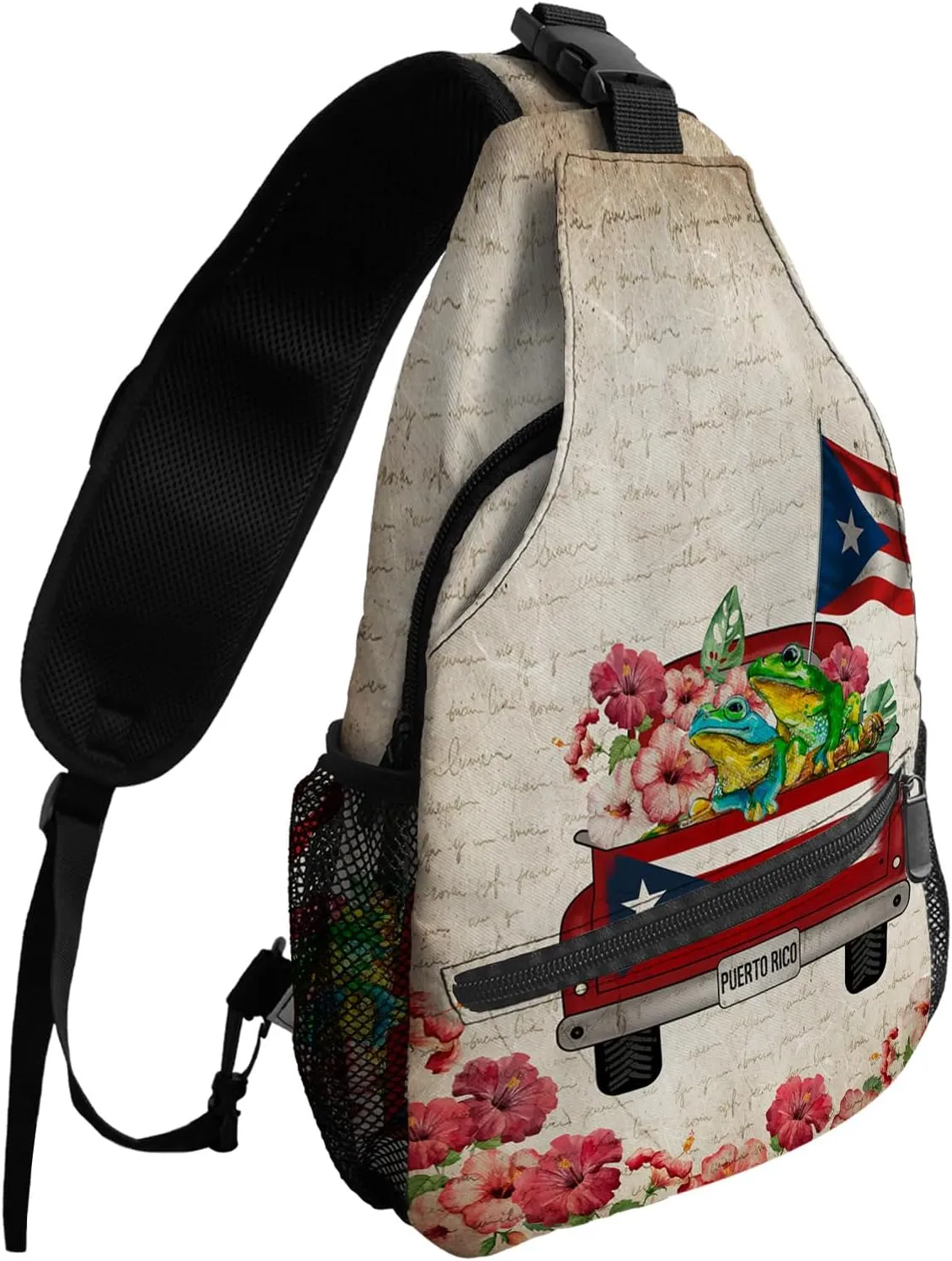 Sling Bag Crossbody Bag for Women Men Puerto Rico Truck Frog Old Draft Waterproof Hiking Backpack Lightweight Chest Shoulder Bag Daypack for Travel Hiking Outdoor Activities