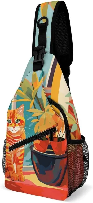 Sling Bag Crossbody Chest Bag Casual Shoulder Backpack Sport Travel Hiking Daypack for Women Men,Cat Illustration