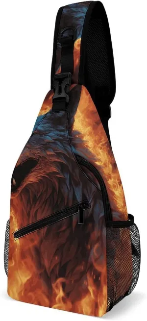 Sling Bag for Men Women Wolf Surrounded by Fire Chest Bag Casual Crossbody Bag Sling Backpack for Travel Daypack
