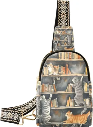 Sling Bag for Women Cats Bookshelf Crossbody Bag Backpack Purse Small Cross Body Bags Travel Shoulder Bags Multipurpose Chest Bag