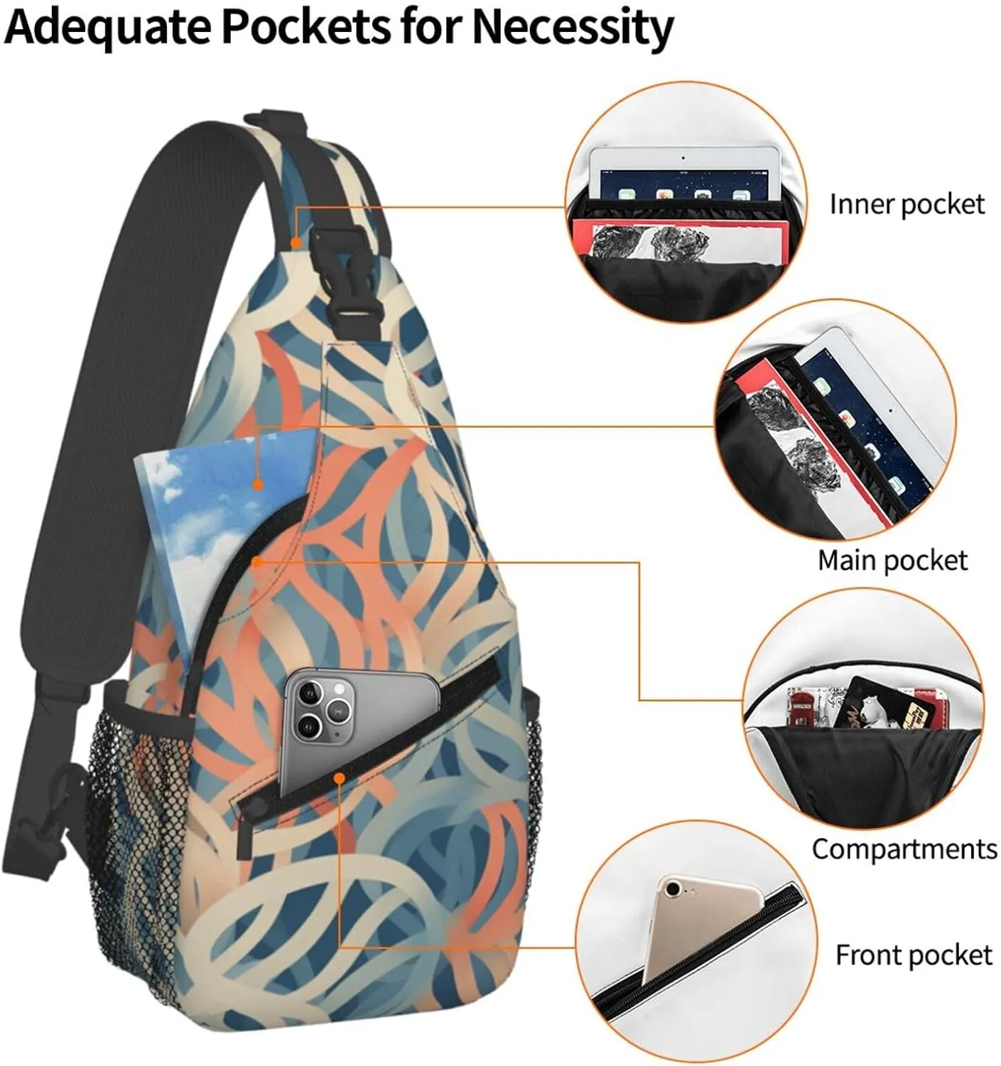 Sling Bag for Women Men Crossbody Bag Sling Backpack Coral coloured patterns Cross Body Bag Adjustable Chest Bag