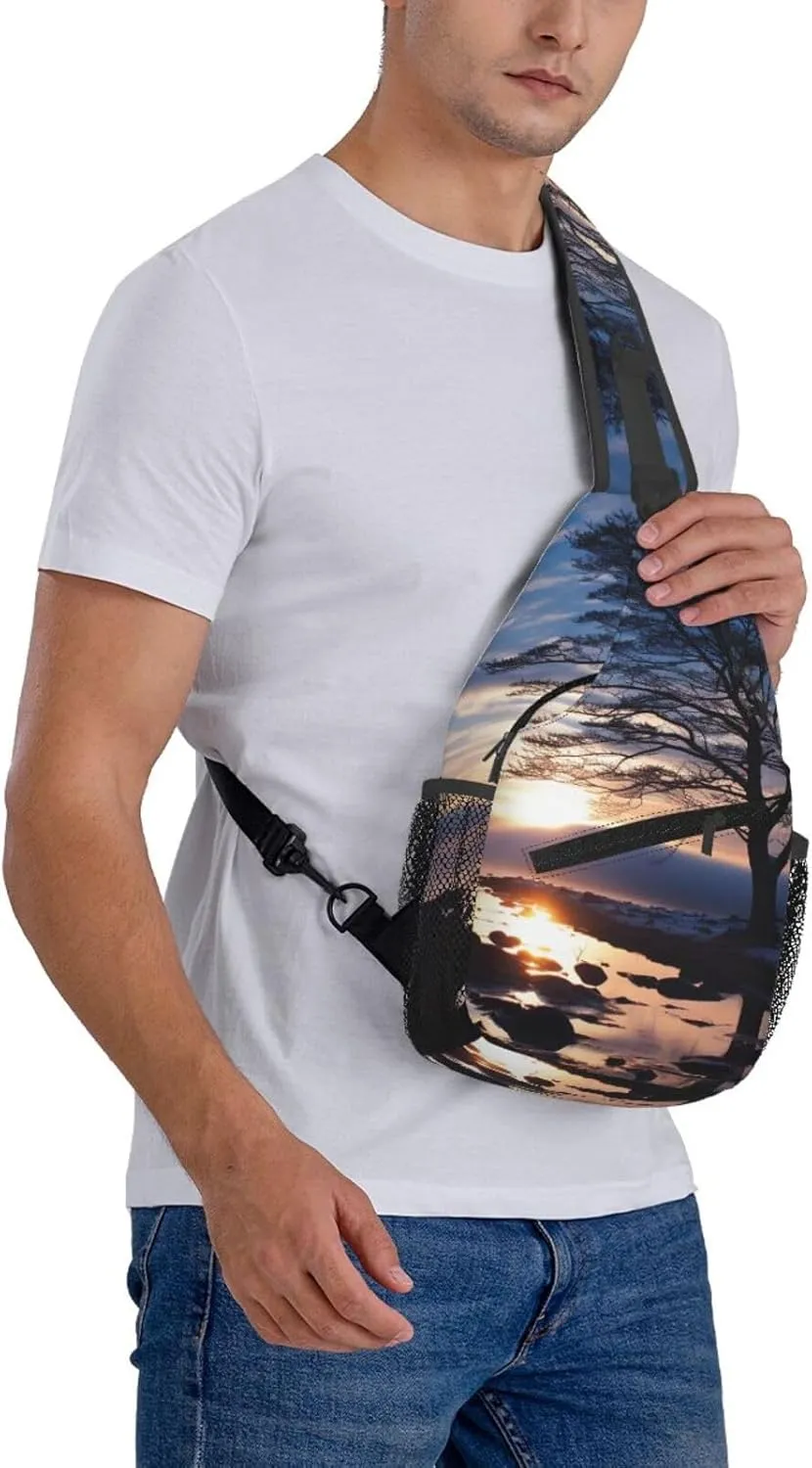 Sling Bag for Women Men Crossbody Bag Sling Backpack Tree branch silhouette at dusk Cross Body Bag Adjustable Chest Bag