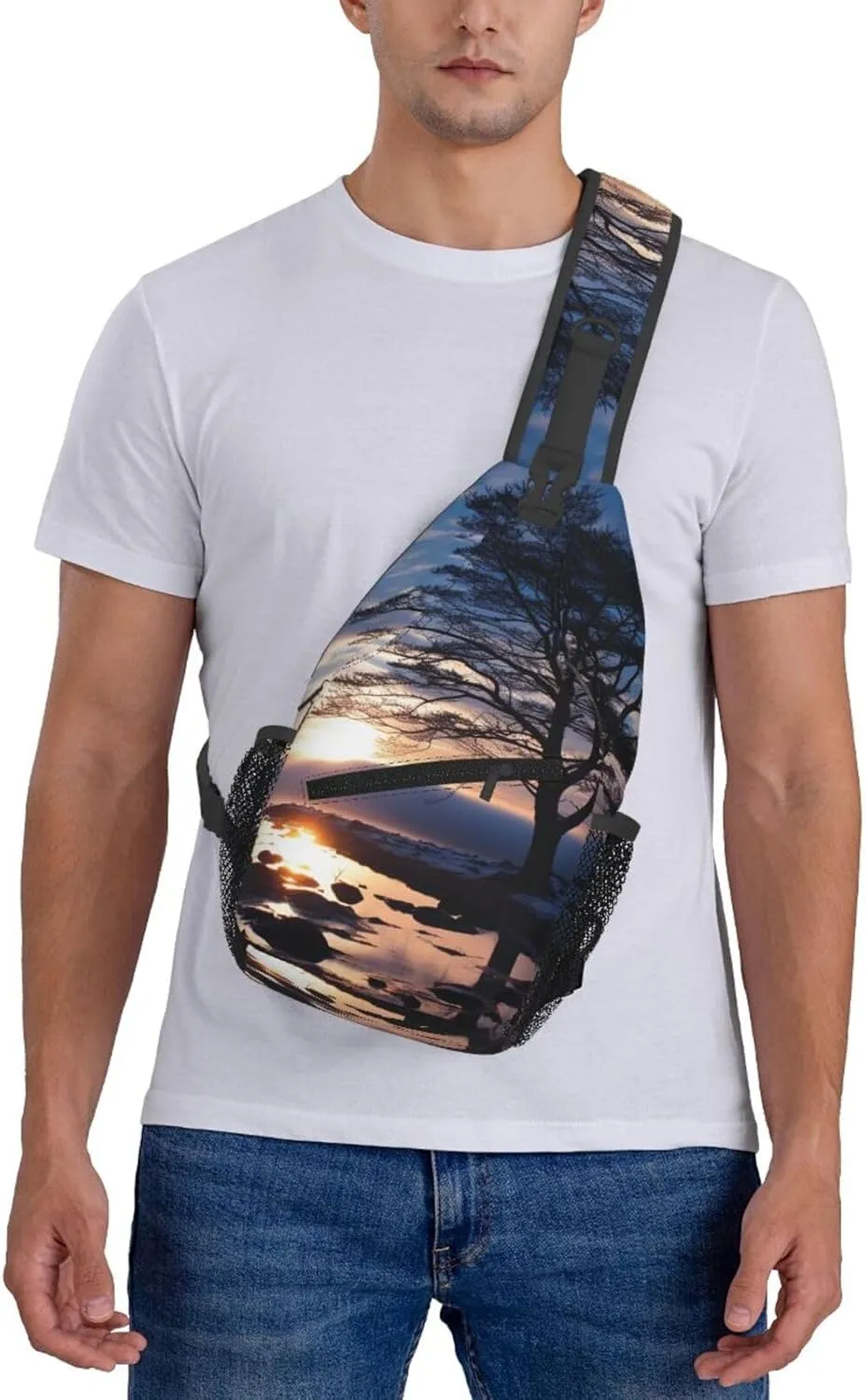 Sling Bag for Women Men Crossbody Bag Sling Backpack Tree branch silhouette at dusk Cross Body Bag Adjustable Chest Bag