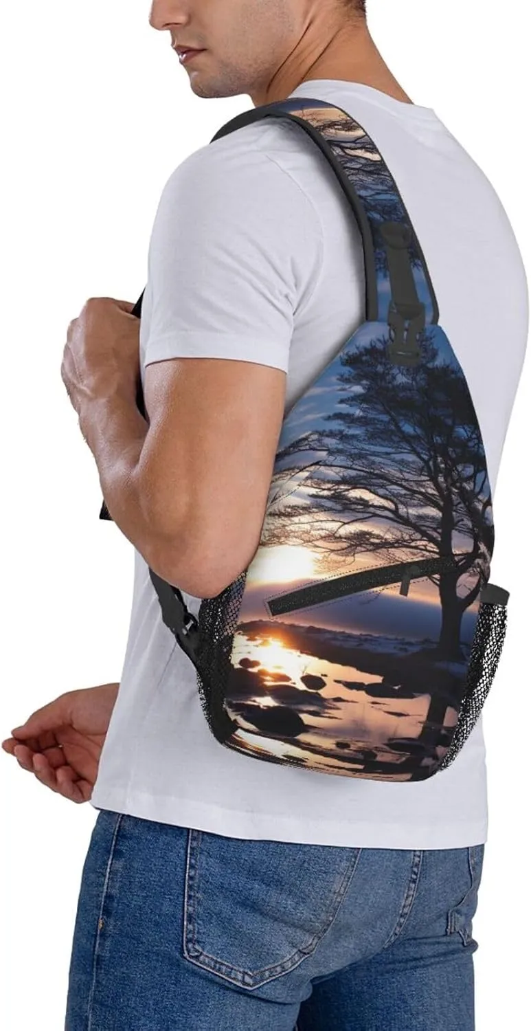 Sling Bag for Women Men Crossbody Bag Sling Backpack Tree branch silhouette at dusk Cross Body Bag Adjustable Chest Bag