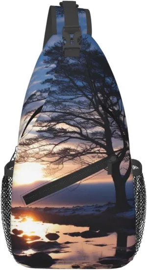Sling Bag for Women Men Crossbody Bag Sling Backpack Tree branch silhouette at dusk Cross Body Bag Adjustable Chest Bag
