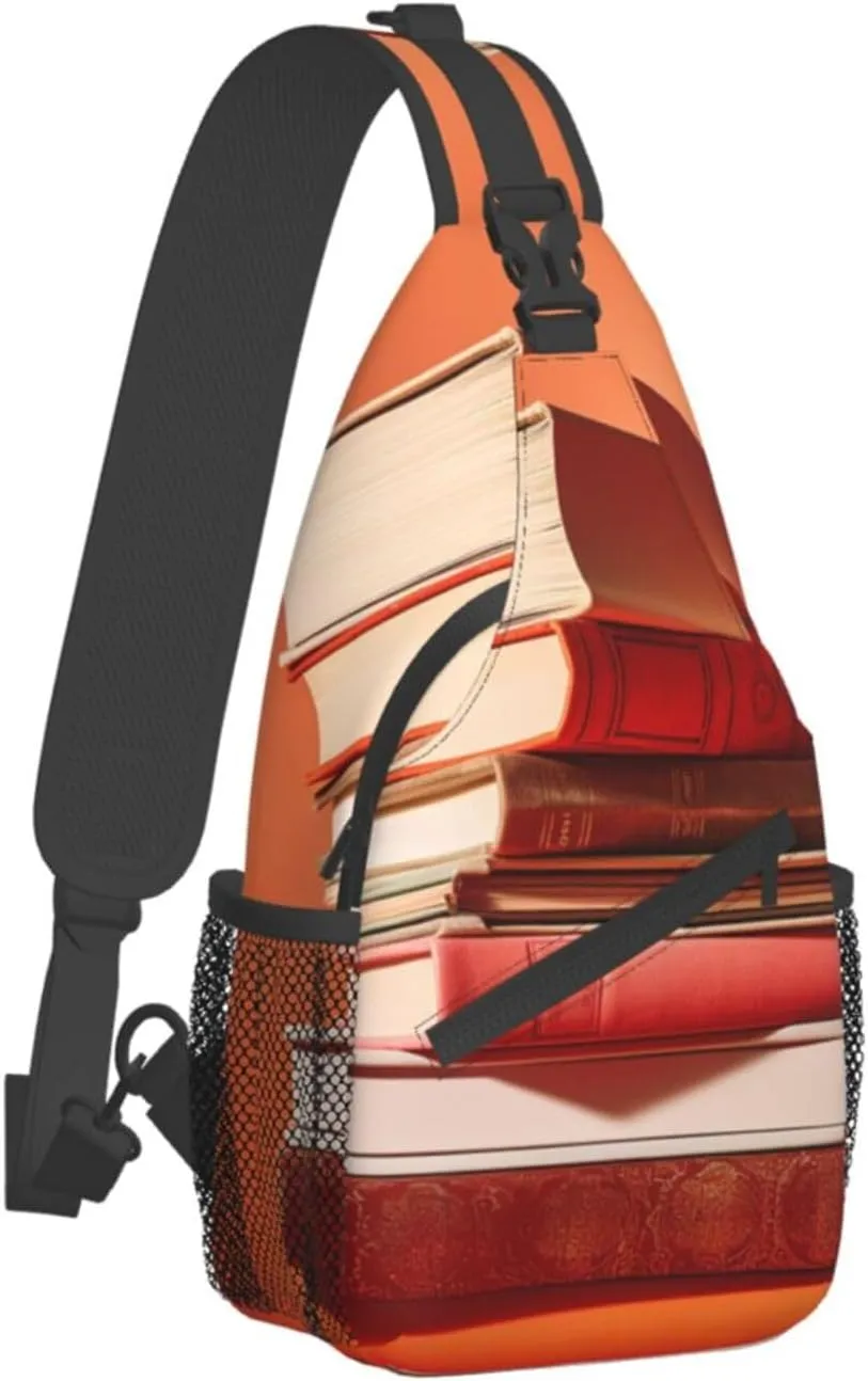Sling Bag for Women Men Crossbody Bag Small Sling Backpack Orange Stack of Books Chest Bag Hiking Daypack
