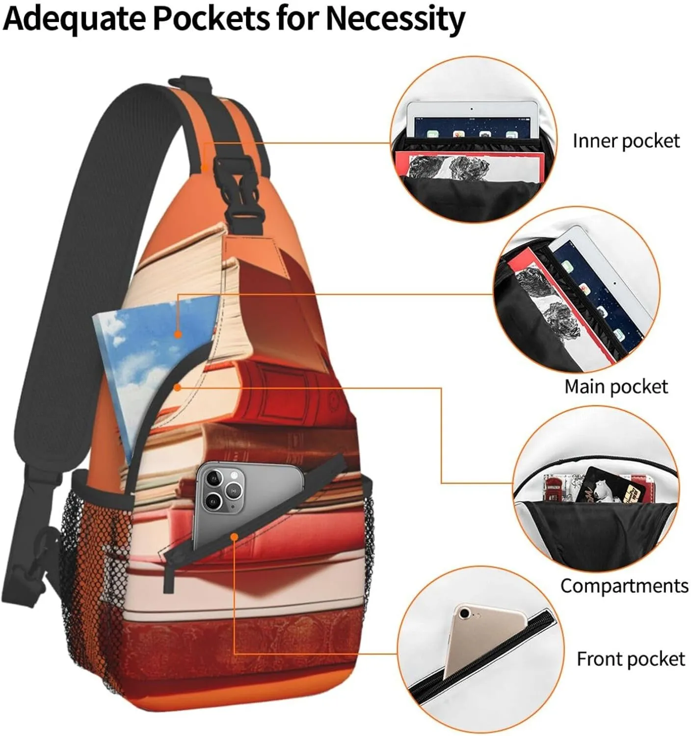 Sling Bag for Women Men Crossbody Bag Small Sling Backpack Orange Stack of Books Chest Bag Hiking Daypack