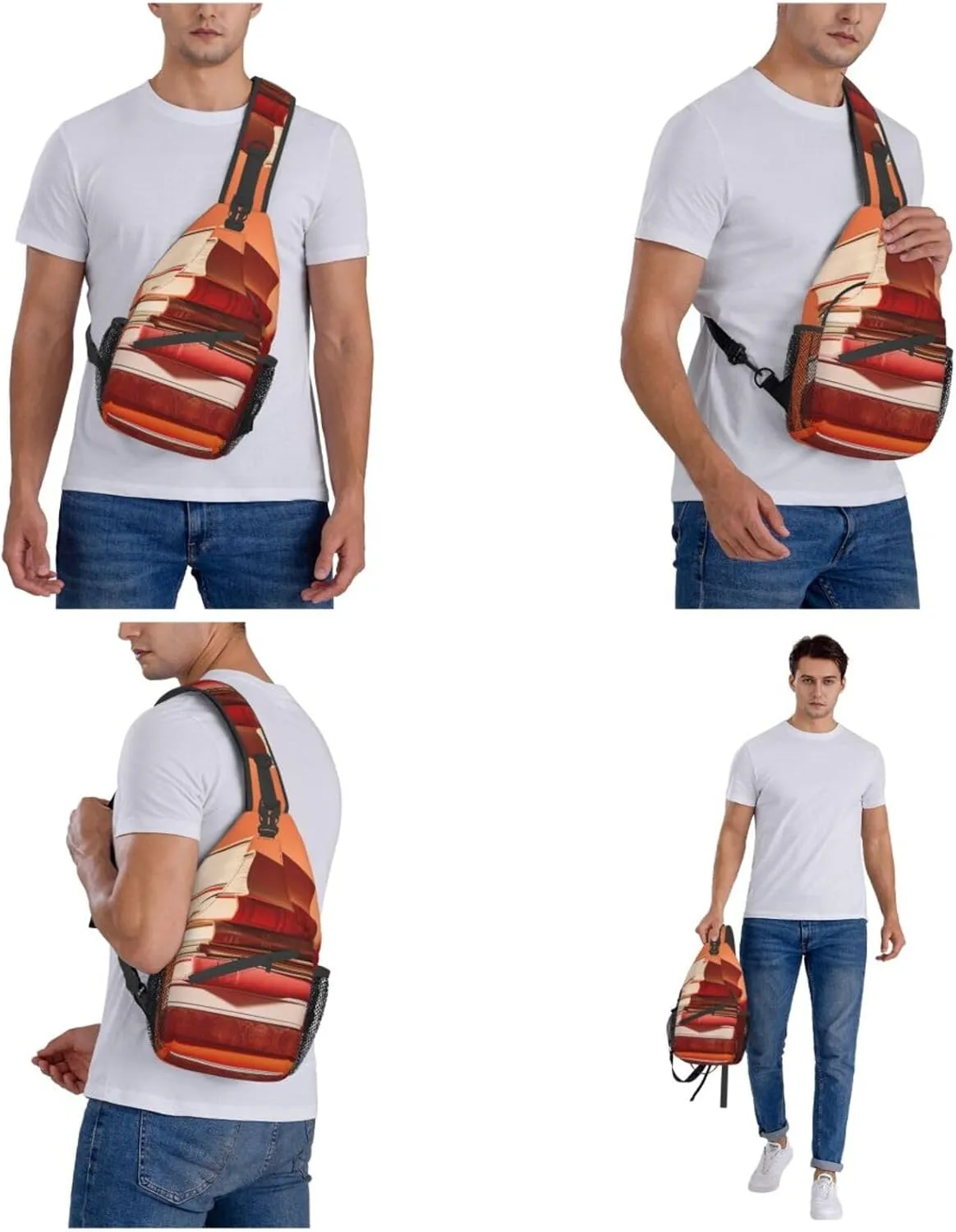 Sling Bag for Women Men Crossbody Bag Small Sling Backpack Orange Stack of Books Chest Bag Hiking Daypack
