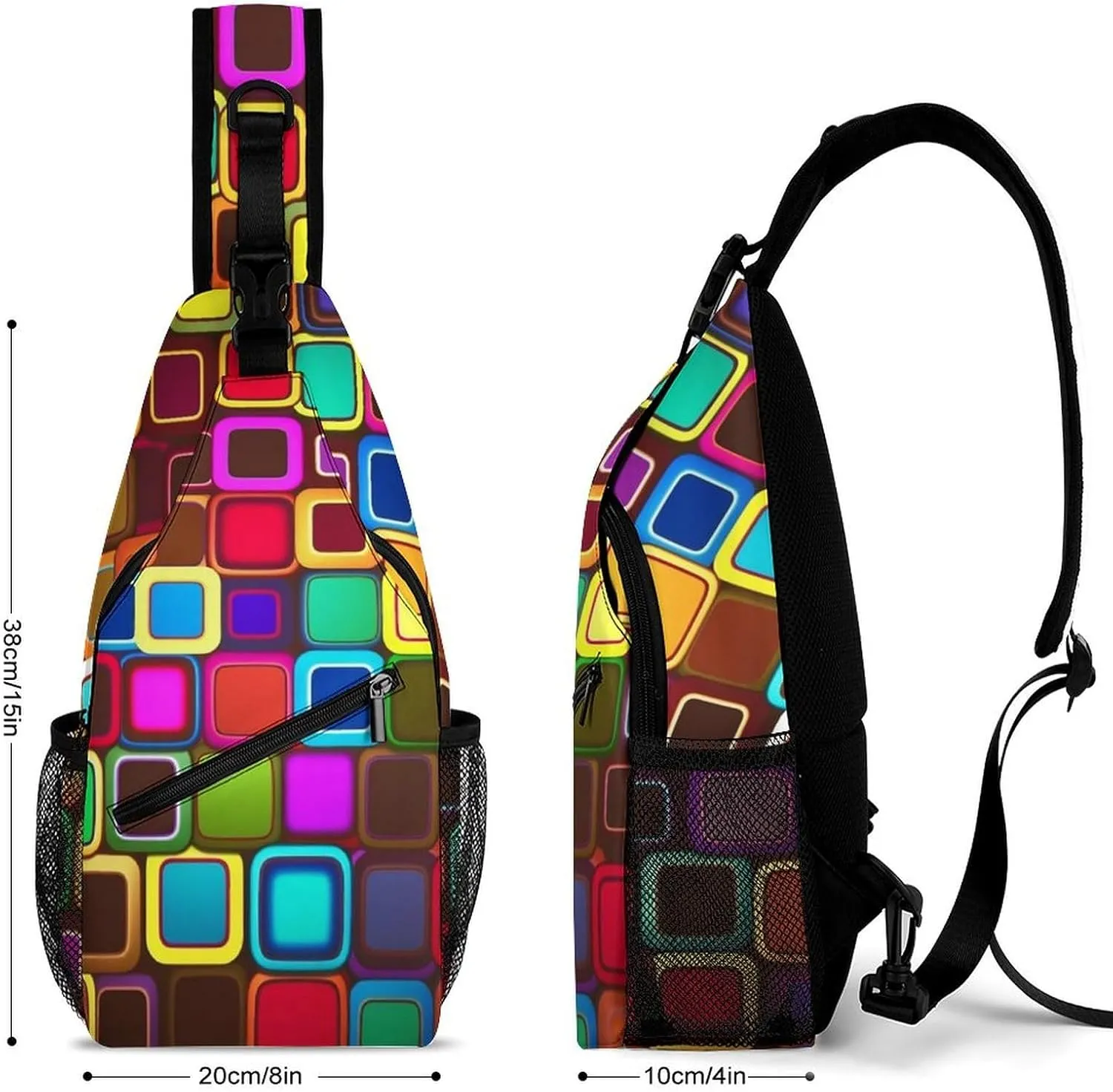 Sling Bag for Women Men Daypack Colorful Squares Chest Bag Crossbody Backpack for Hiking Travel, 38x20cm