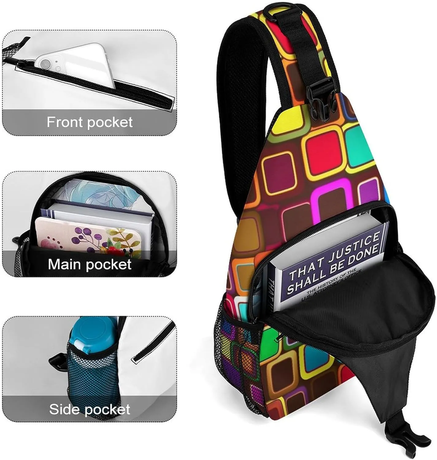 Sling Bag for Women Men Daypack Colorful Squares Chest Bag Crossbody Backpack for Hiking Travel, 38x20cm