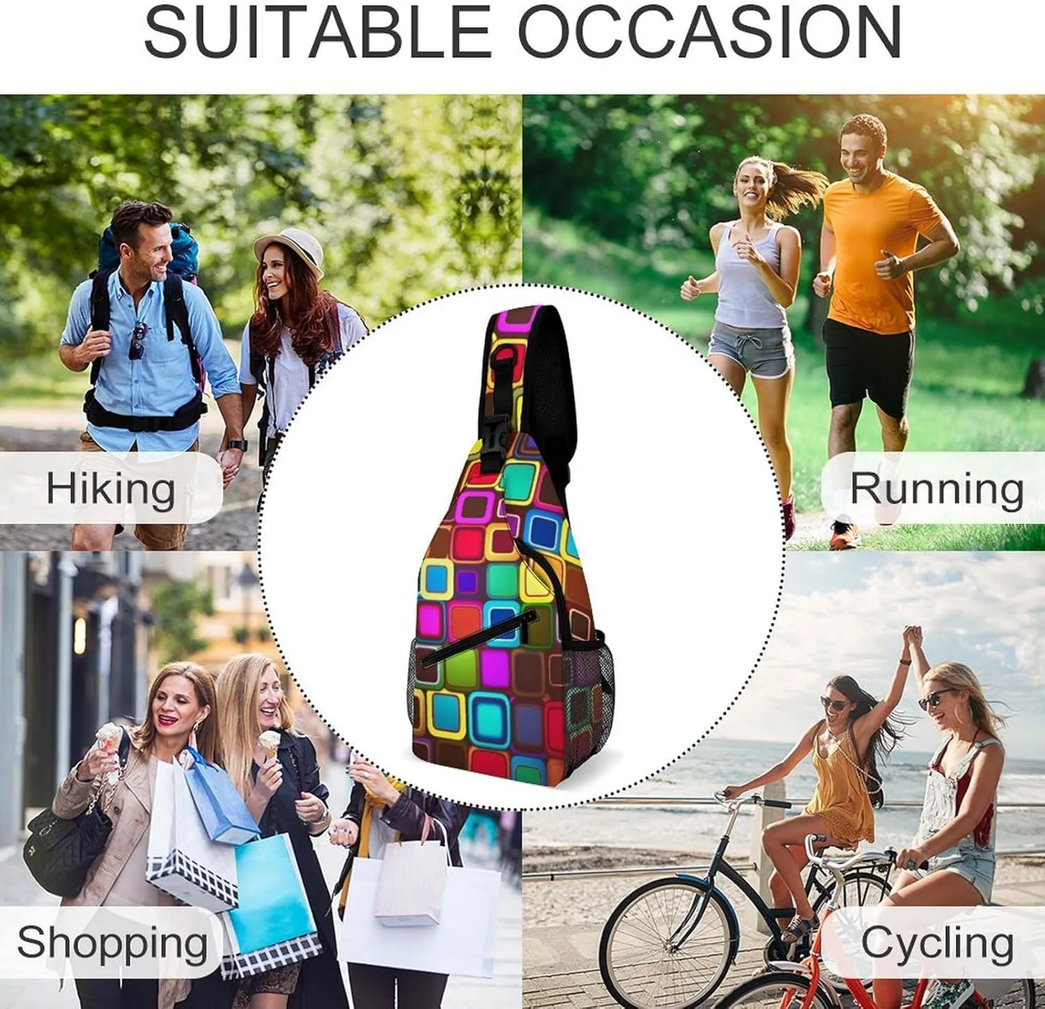 Sling Bag for Women Men Daypack Colorful Squares Chest Bag Crossbody Backpack for Hiking Travel, 38x20cm