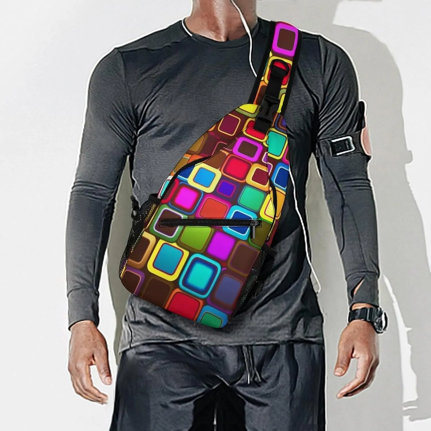 Sling Bag for Women Men Daypack Colorful Squares Chest Bag Crossbody Backpack for Hiking Travel, 38x20cm