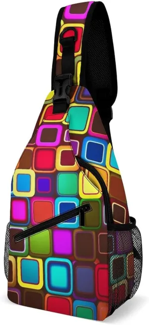 Sling Bag for Women Men Daypack Colorful Squares Chest Bag Crossbody Backpack for Hiking Travel, 38x20cm