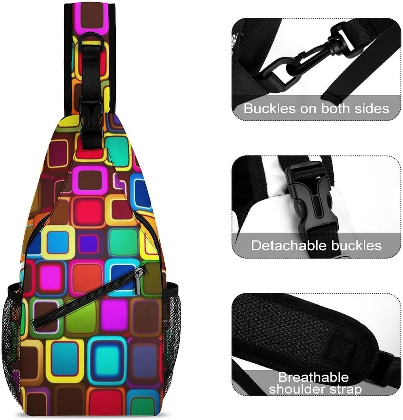 Sling Bag for Women Men Daypack Colorful Squares Chest Bag Crossbody Backpack for Hiking Travel, 38x20cm