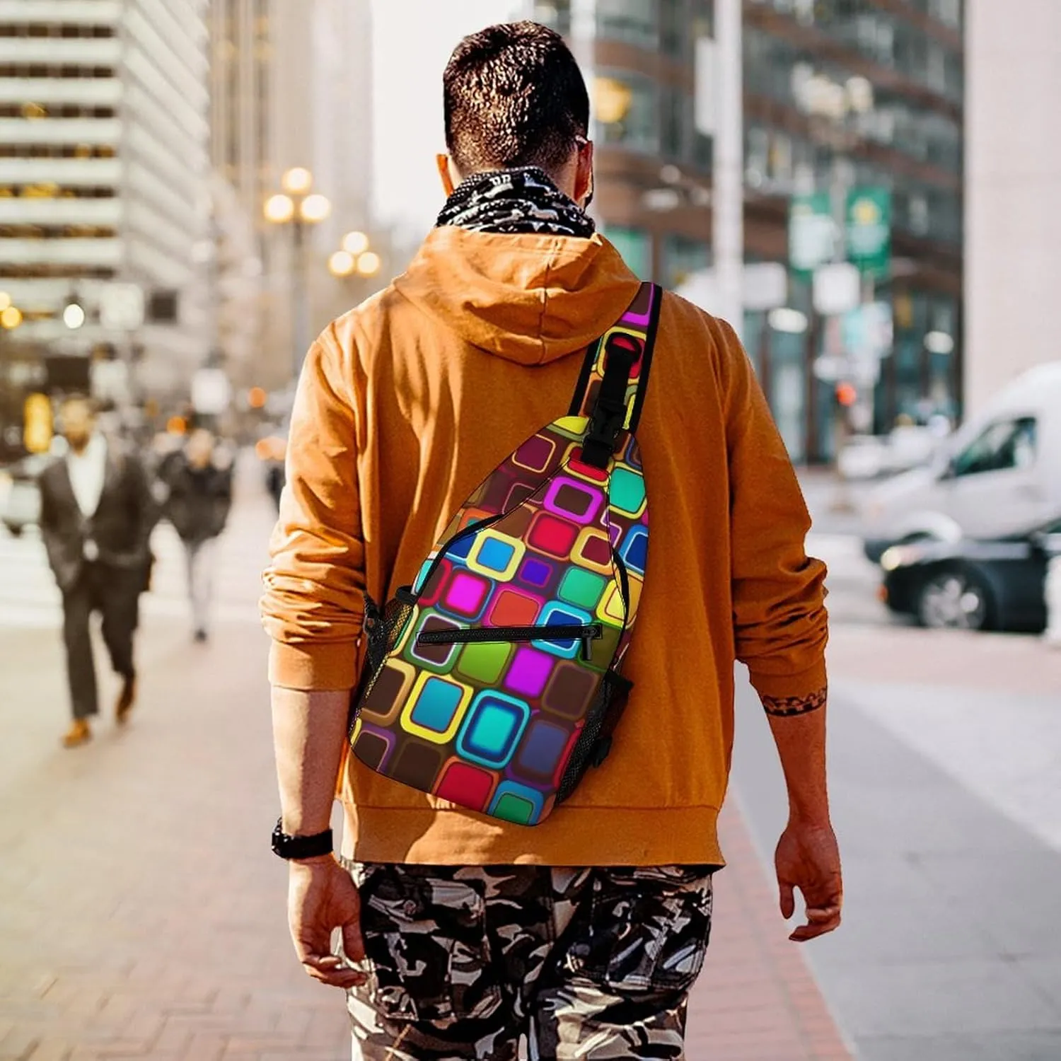 Sling Bag for Women Men Daypack Colorful Squares Chest Bag Crossbody Backpack for Hiking Travel, 38x20cm