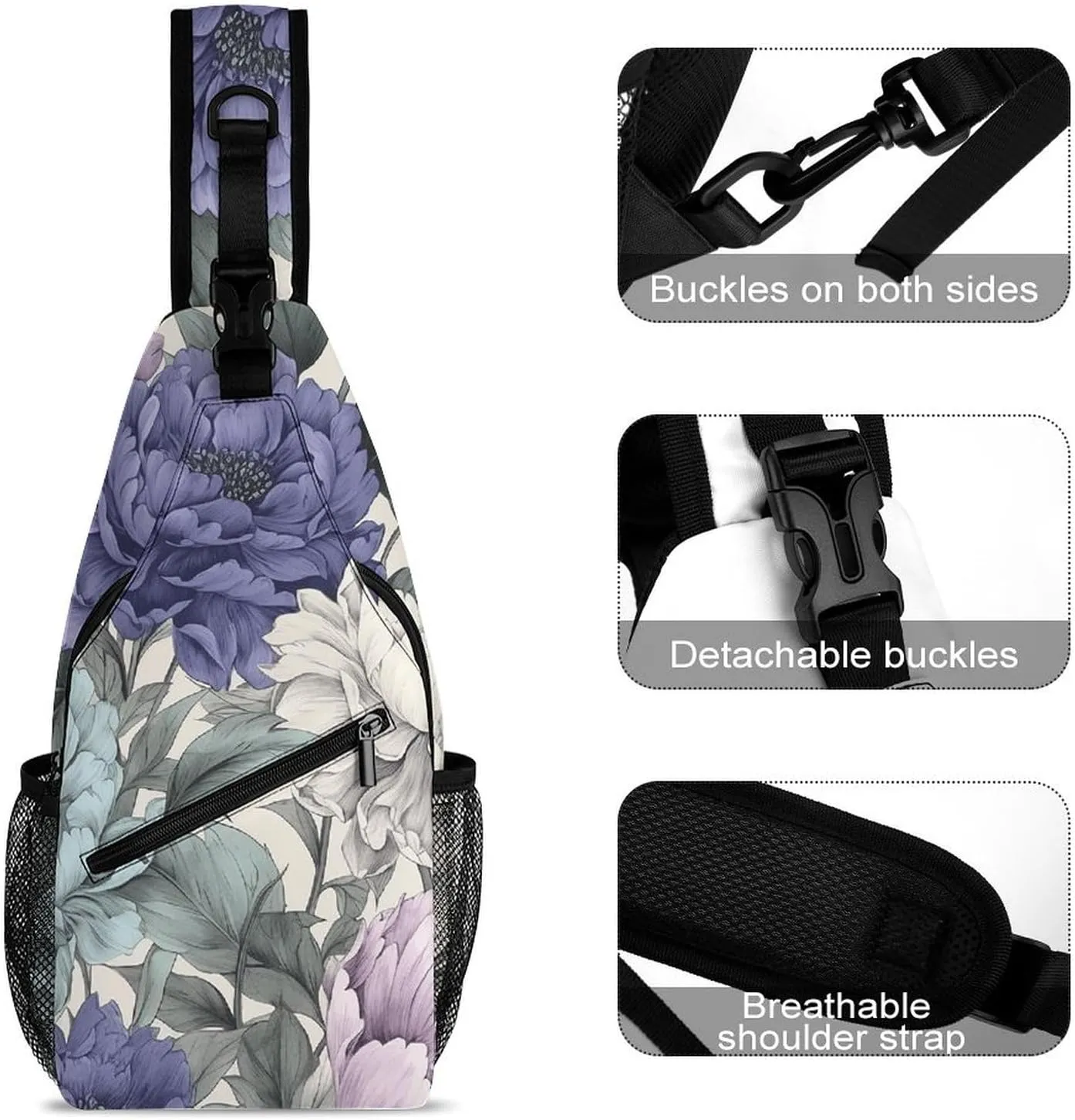 Sling Bag for Women Men Daypack Ink Style Pattern Chest Bag Crossbody Backpack for Hiking Travel