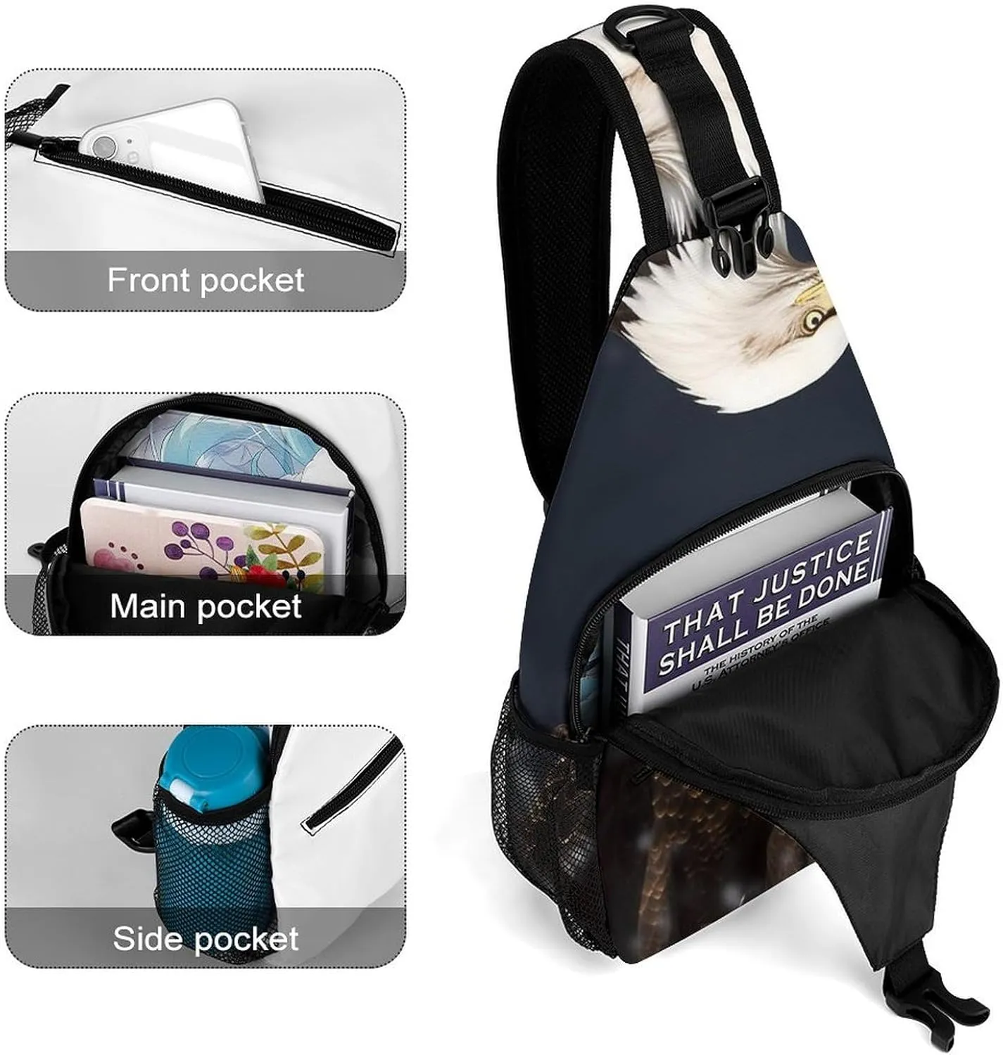 Sling Bag for Women Men Daypack North American Bald Eagle Chest Bag Crossbody Backpack for Hiking Travel