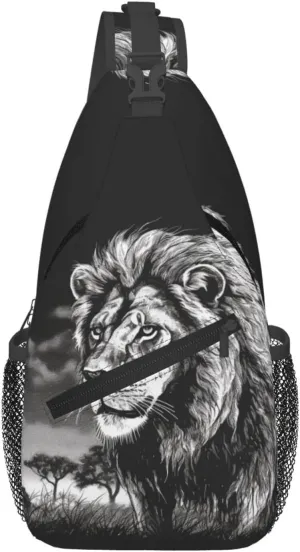 Sling Bag For Women Men Lightweight Waterproof Crossbody Shoulder Backpack Lion Black And White Illustration Chest Bags Travel Hiking Casual Daypack