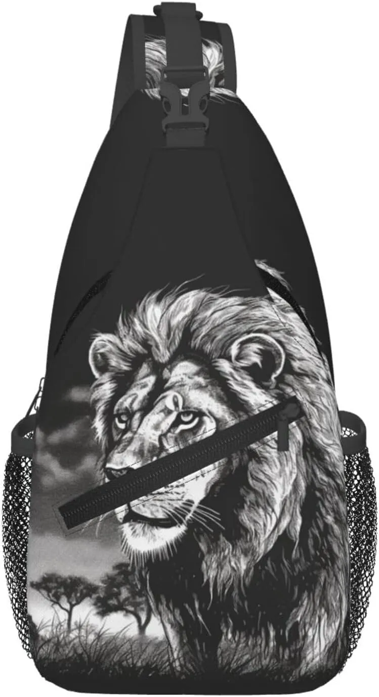 Sling Bag For Women Men Lightweight Waterproof Crossbody Shoulder Backpack Lion Black And White Illustration Chest Bags Travel Hiking Casual Daypack