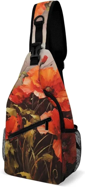 Sling Bag for Women Men Oil Painting Red Flower Travel Hiking Backpack Crossbody Shoulder Chest Bags Casual Daypack