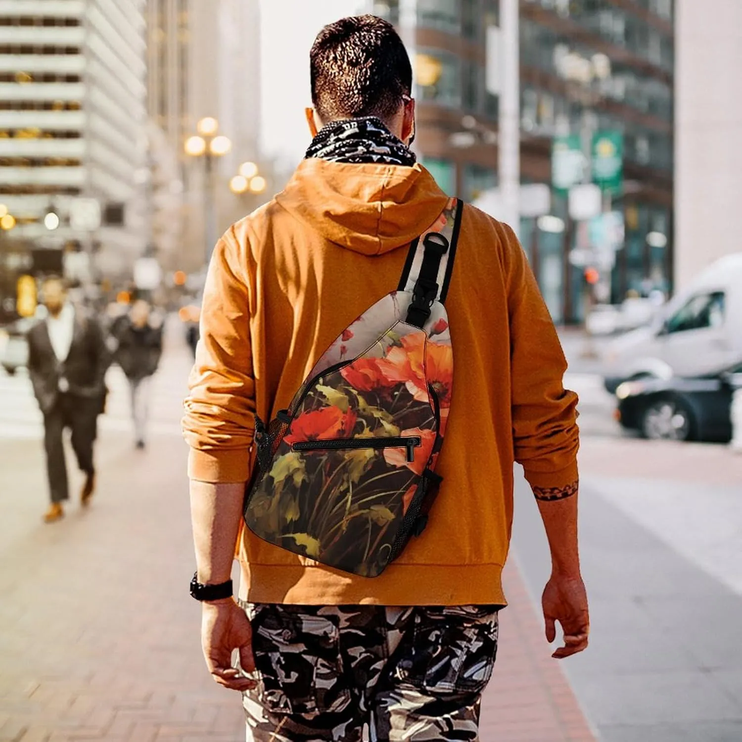 Sling Bag for Women Men Oil Painting Red Flower Travel Hiking Backpack Crossbody Shoulder Chest Bags Casual Daypack