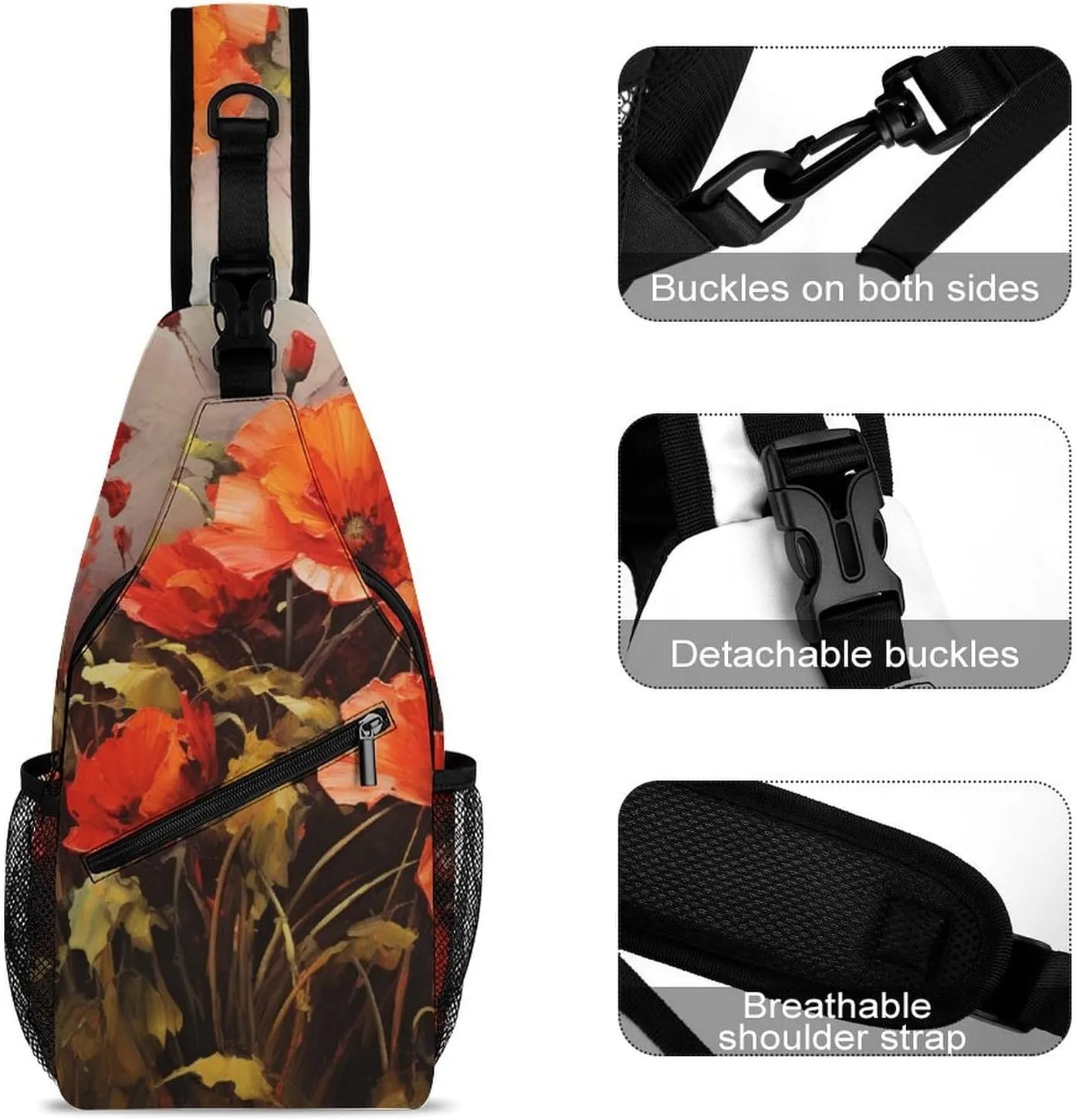 Sling Bag for Women Men Oil Painting Red Flower Travel Hiking Backpack Crossbody Shoulder Chest Bags Casual Daypack