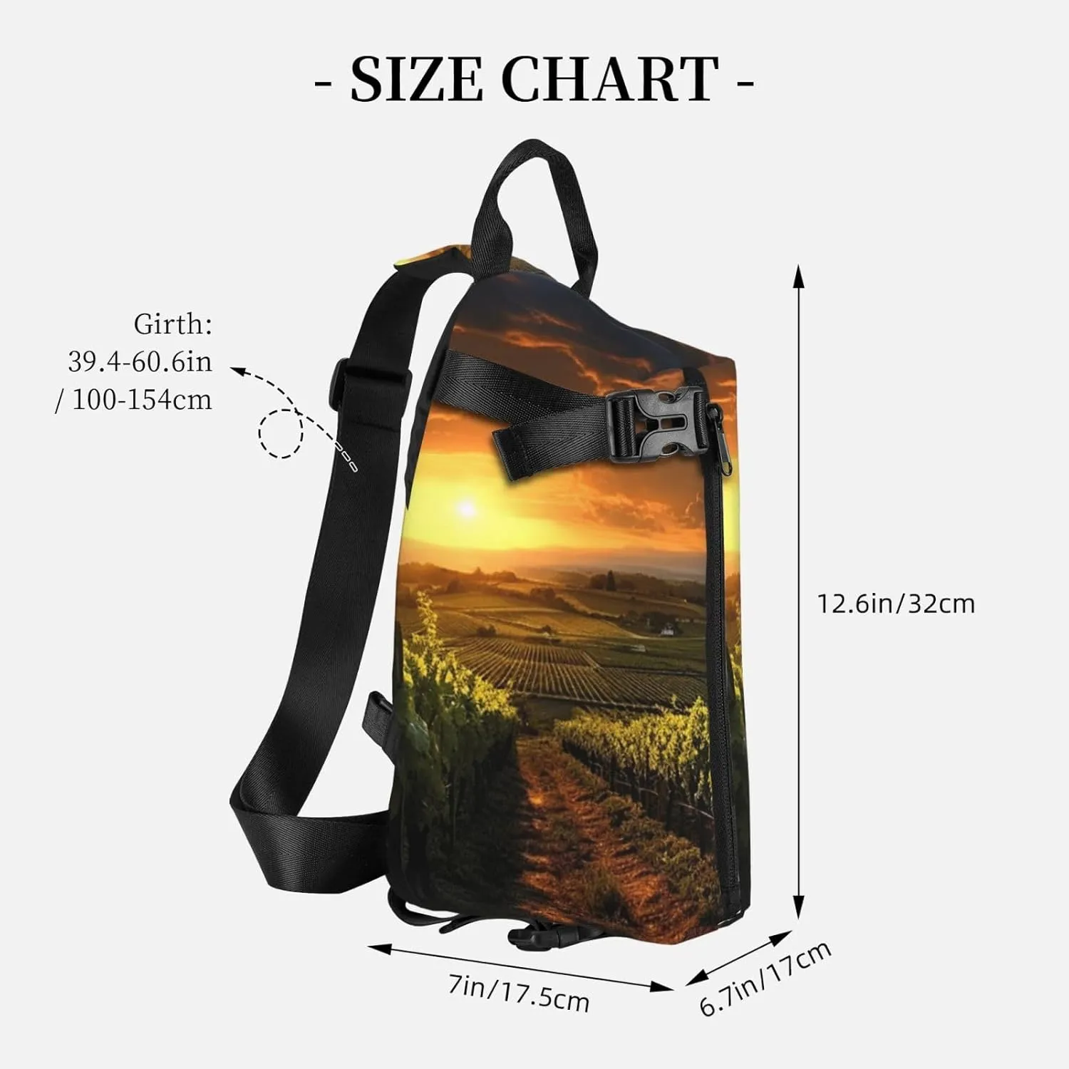 Sling Bag for Women Men Shoulder Bag Sweet Candy Chest Bag Travel Fanny Pack Lightweight Casual Daypack, Sunset Over the Vineyards, One Size