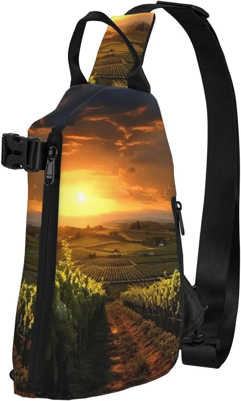 Sling Bag for Women Men Shoulder Bag Sweet Candy Chest Bag Travel Fanny Pack Lightweight Casual Daypack, Sunset Over the Vineyards, One Size