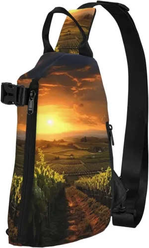 Sling Bag for Women Men Shoulder Bag Sweet Candy Chest Bag Travel Fanny Pack Lightweight Casual Daypack, Sunset Over the Vineyards, One Size