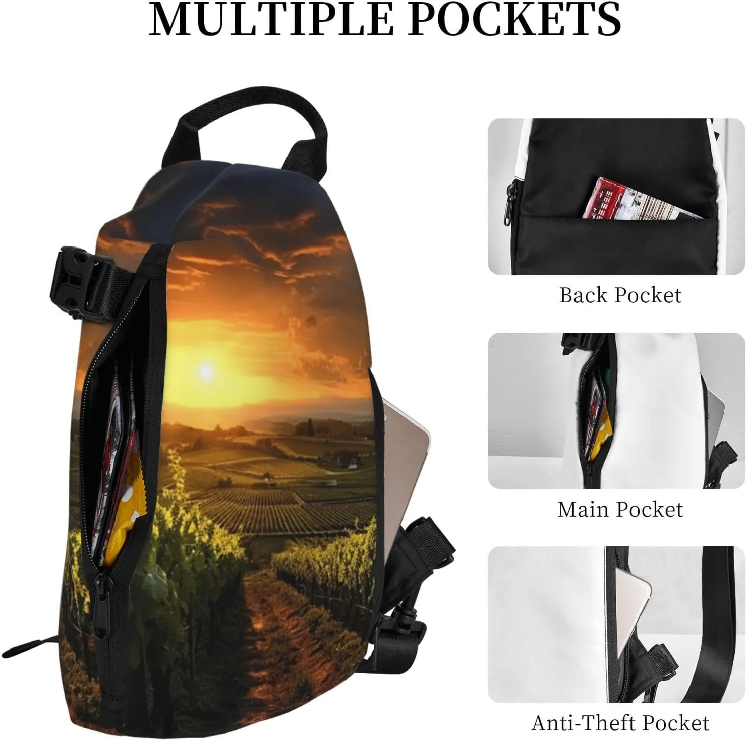 Sling Bag for Women Men Shoulder Bag Sweet Candy Chest Bag Travel Fanny Pack Lightweight Casual Daypack, Sunset Over the Vineyards, One Size