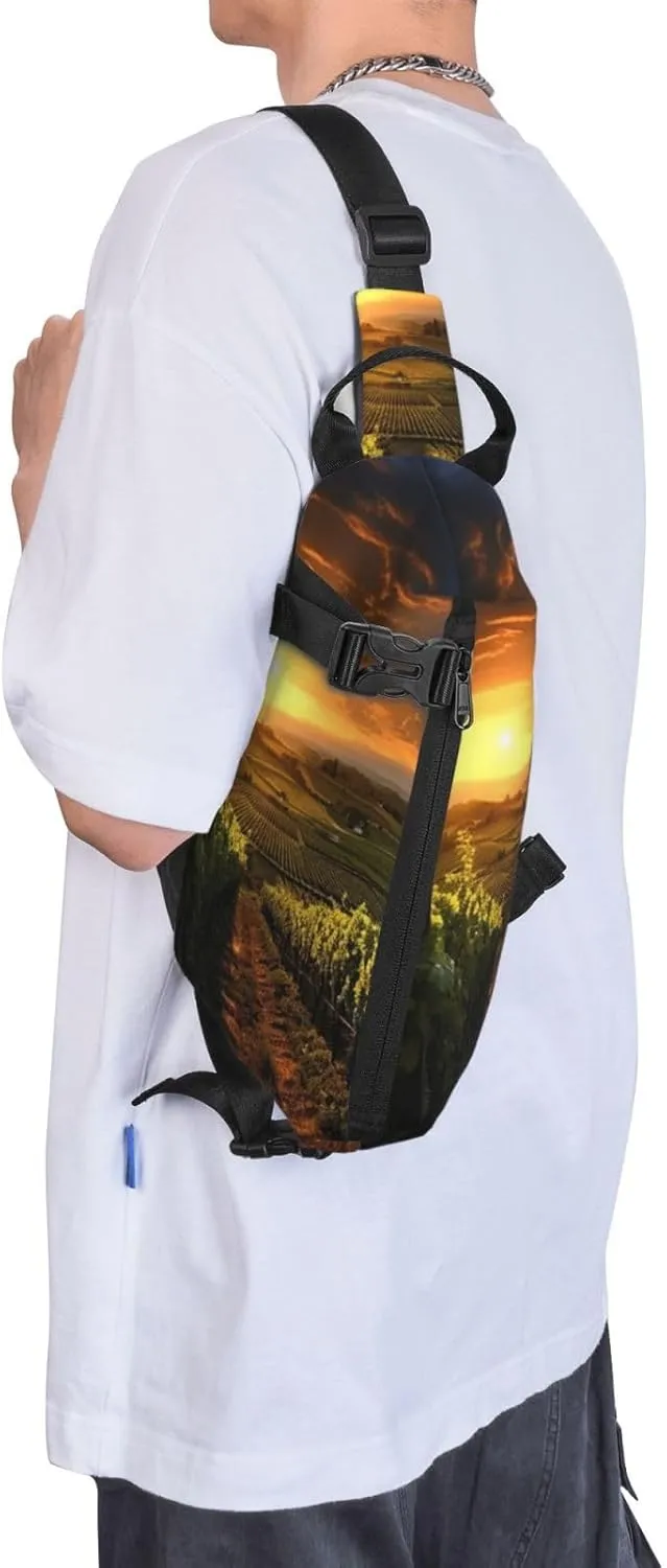 Sling Bag for Women Men Shoulder Bag Sweet Candy Chest Bag Travel Fanny Pack Lightweight Casual Daypack, Sunset Over the Vineyards, One Size