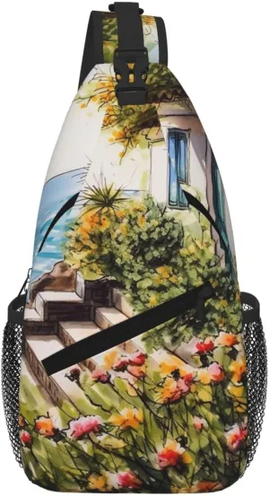 Sling Bag For Women Men Travel Hiking Backpack Crossbody Shoulder Chest Bags Flowers Near House Greek Sea Casual Daypack