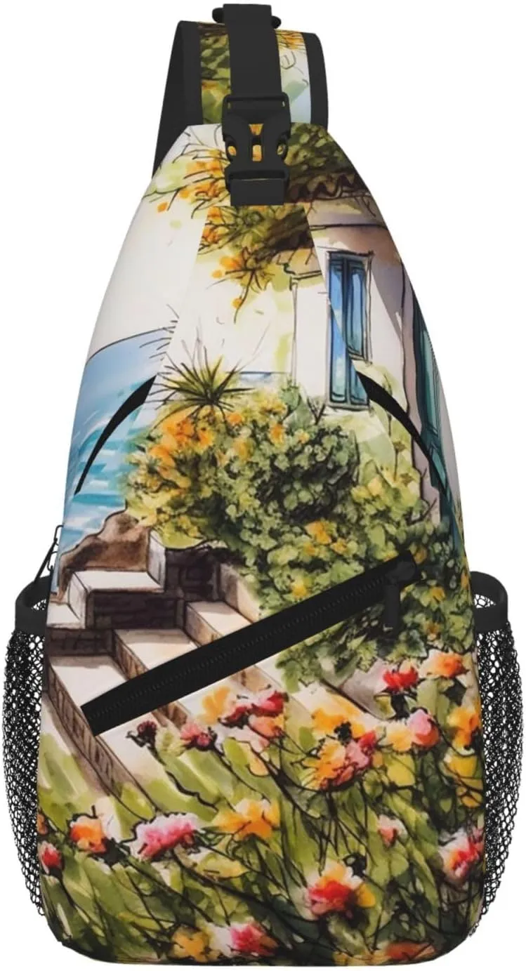 Sling Bag For Women Men Travel Hiking Backpack Crossbody Shoulder Chest Bags Flowers Near House Greek Sea Casual Daypack