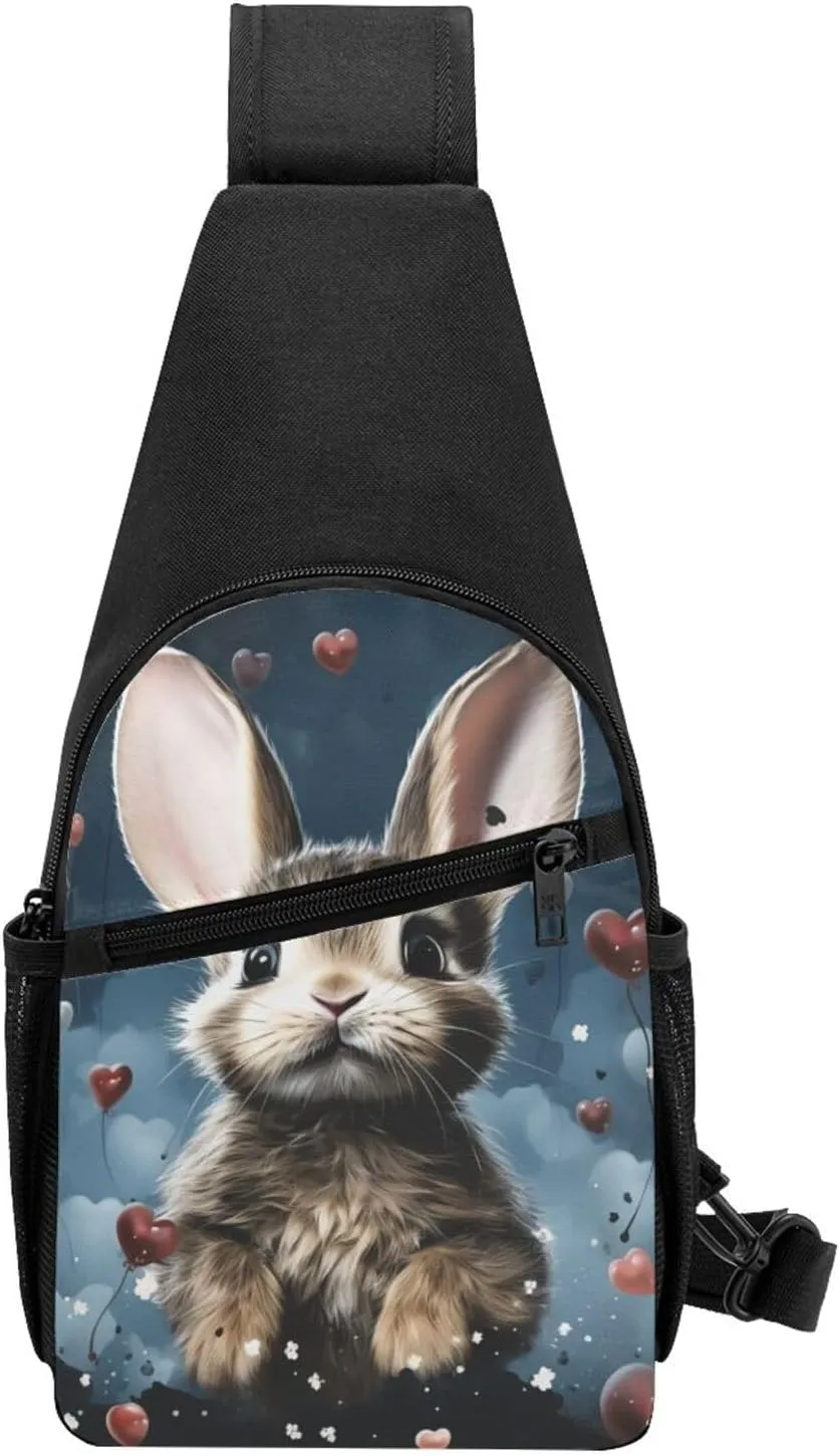 Sling bag for Women Men Trendy Sling Bakpack Casual Chest Bag Heart Shape and Bunny Fanny Pack for Travel Hiking