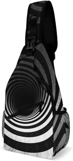 Sling Bag for Women Men,Black And White Spiral Tunnel Printed Casual Crossbody Bags Sling Backpack with Convertible Shoulder Strap,Lightweight Shoulder Chest Bag for Hiking, Travel