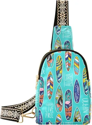 Sling Bag for Women Surfing Surfboard Blue Hibiscus Crossbody Backpack Purse Small Cross Body Bags Travel Shoulder Bags Chest Bag Casual Daypack