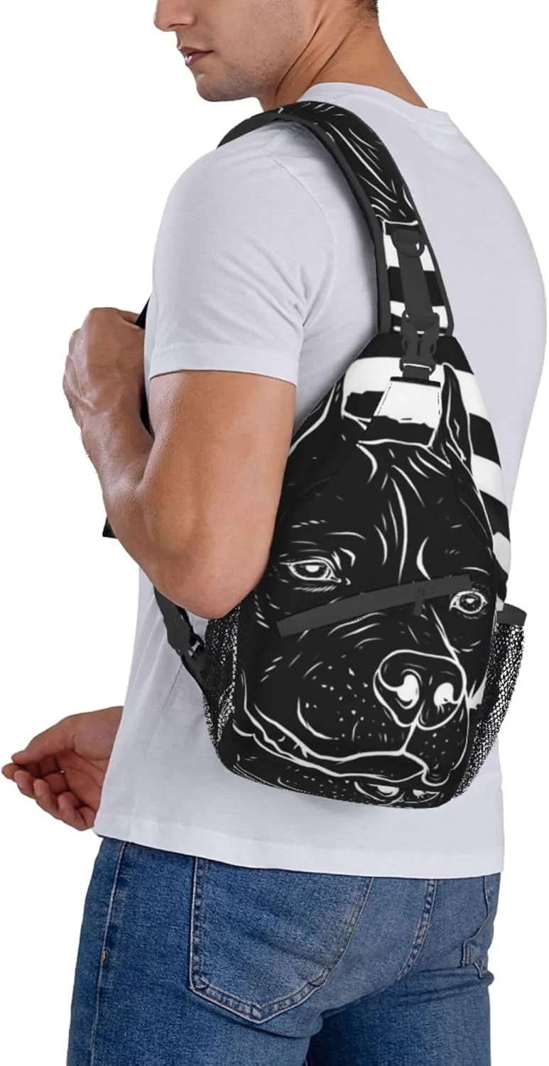 Sling Bag pitbull black and white american flag Crossbody Personal Pocket Bag Lightweight Chest Shoulder Backpack for Travel Hiking