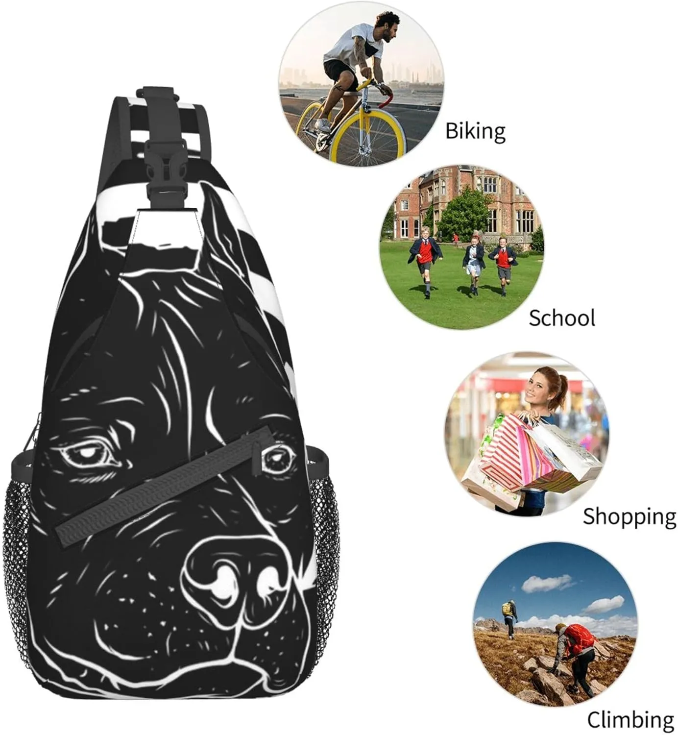 Sling Bag pitbull black and white american flag Crossbody Personal Pocket Bag Lightweight Chest Shoulder Backpack for Travel Hiking