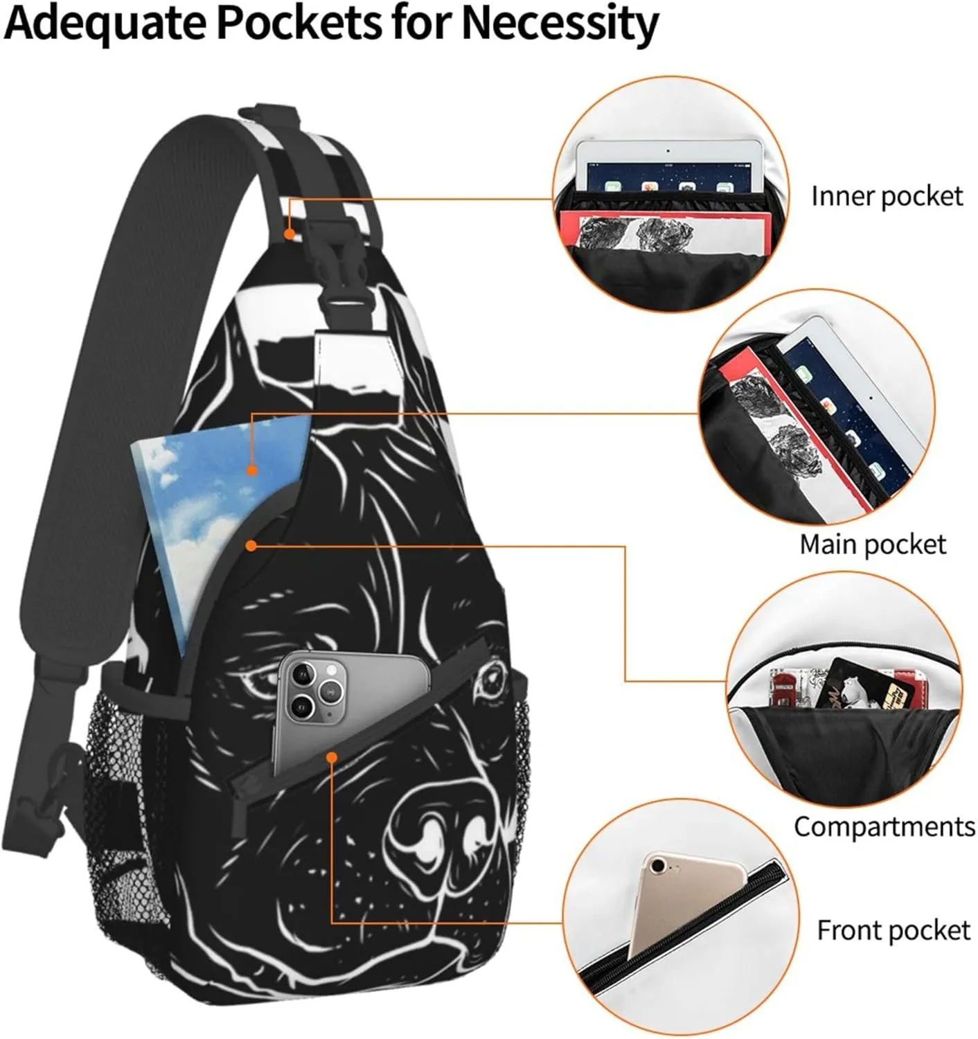 Sling Bag pitbull black and white american flag Crossbody Personal Pocket Bag Lightweight Chest Shoulder Backpack for Travel Hiking
